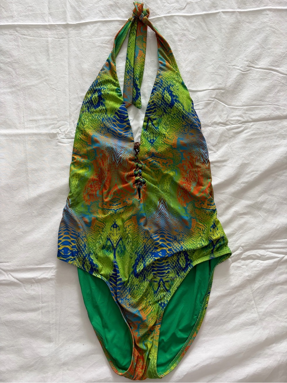 Green Patterned Halter One-Piece Swimsuit
